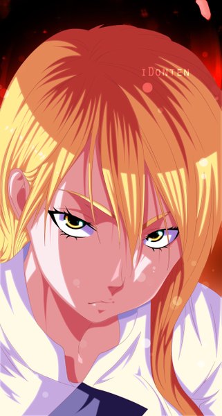 Anime picture 679x1268 with shokugeki no soma j.c. staff nakiri alice idonten single long hair tall image blonde hair yellow eyes coloring close-up face girl shirt