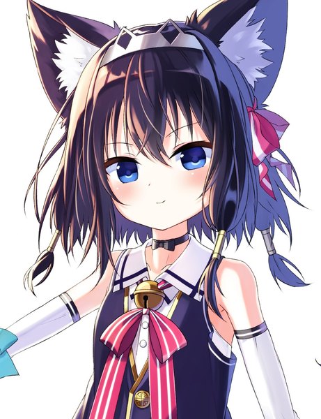 Anime picture 1139x1481 with original kuroneko-chan (satou) satou (3366 s) single tall image looking at viewer fringe short hair blue eyes black hair simple background smile hair between eyes white background animal ears cat ears cat girl loli sleeveless cropped