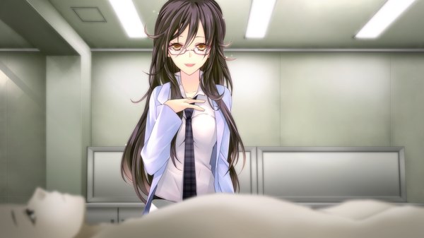 Anime picture 2048x1152 with negai no kakera to hakugin no agreement manyako (mohumohu) long hair highres open mouth black hair wide image yellow eyes game cg girl glasses necktie labcoat