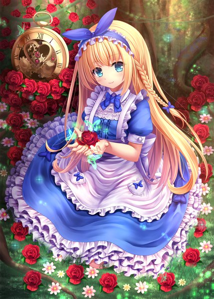 Anime picture 858x1200 with alice in wonderland alice (wonderland) toshi (1-147) single long hair tall image looking at viewer fringe blue eyes blonde hair full body braid (braids) light smile from above frilled dress girl dress flower (flowers) bow hair bow