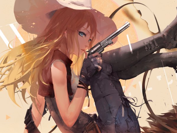 Anime-Bild 1366x1026 mit original jn3 long hair looking at viewer fringe breasts blue eyes blonde hair large breasts sitting bare shoulders bent knee (knees) sunlight finger to mouth leg lift (legs lift) girl gloves ribbon (ribbons) weapon hat