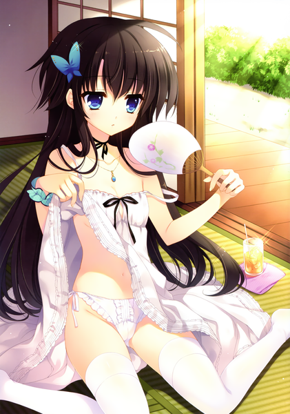 Anime picture 2287x3258 with mitha single long hair tall image highres blue eyes light erotic black hair girl dress hair ornament underwear panties pendant sundress fan drink butterfly hair ornament