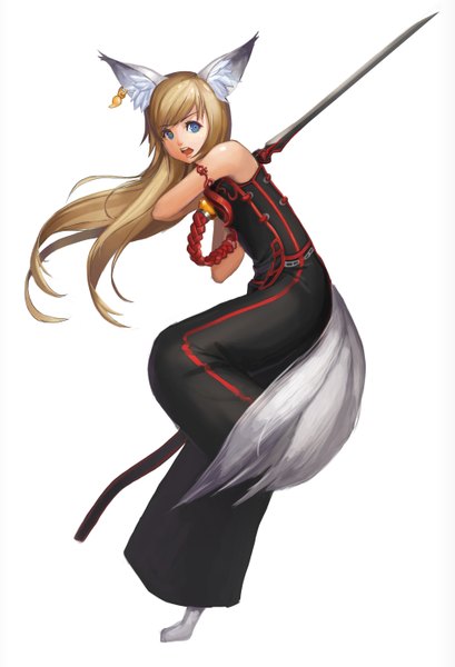 Anime picture 1960x2876 with blade & soul lyn (blade & soul) acid g single long hair tall image highres open mouth blue eyes simple background blonde hair white background animal ears tail animal tail girl dress weapon sword