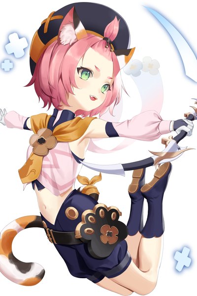 Anime picture 3000x4500 with genshin impact diona (genshin impact) re-leaf single tall image highres short hair white background green eyes animal ears looking away pink hair full body tail animal tail cat ears midriff cat girl cat tail spread arms