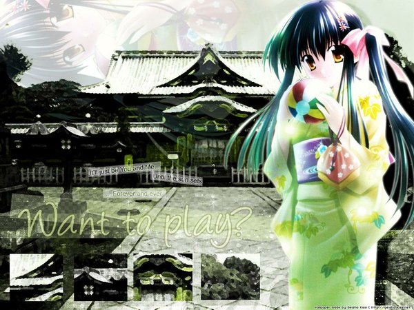 Anime picture 1024x768 with nanao naru single long hair looking at viewer fringe hair between eyes twintails signed yellow eyes blue hair traditional clothes japanese clothes third-party edit girl ribbon (ribbons) hair ribbon kimono obi ball shrine
