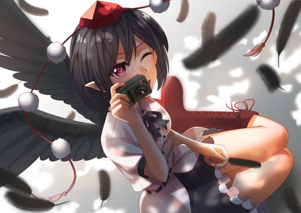 Anime picture 4093x2894 with touhou shameimaru aya kitazawa (artist) single looking at viewer fringe highres short hair open mouth black hair smile red eyes sitting holding absurdres bent knee (knees) one eye closed arm up pointy ears wink
