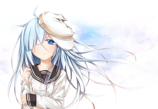 Anime picture 1500x1035 with kantai collection hibiki destroyer verniy destroyer moegi nenene single long hair looking at viewer fringe blue eyes blue hair multicolored hair hair over one eye torn clothes girl sailor suit flat cap
