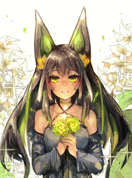 Anime picture 1375x1847 with original maido mido single long hair tall image looking at viewer blush fringe breasts open mouth black hair smile white background bare shoulders holding green eyes animal ears payot upper body tail