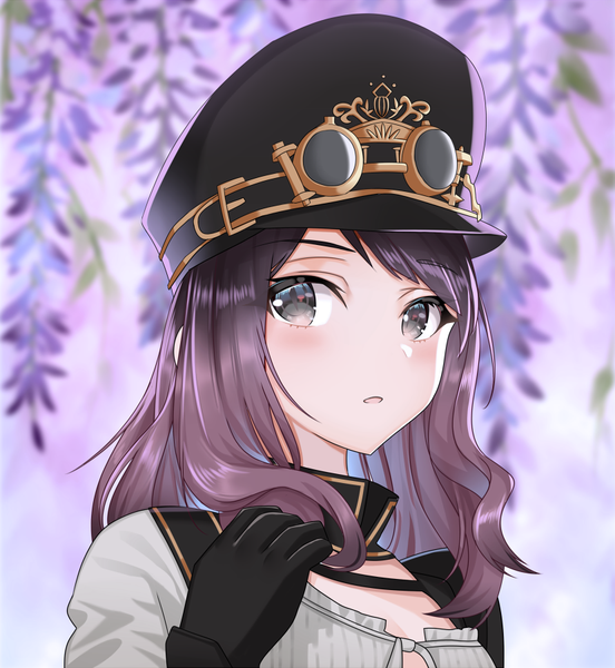 Anime picture 828x900 with original r3d single long hair tall image blush fringe open mouth brown hair looking away upper body :o grey eyes depth of field portrait gradient hair girl gloves flower (flowers) black gloves