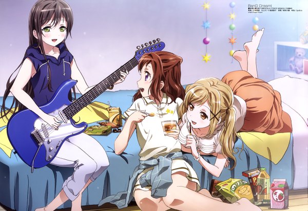 Anime picture 5930x4077 with bang dream! megami magazine ichigaya arisa toyama kasumi hanazono tae kobayashi akemi long hair blush highres open mouth black hair brown hair purple eyes twintails multiple girls brown eyes yellow eyes absurdres bent knee (knees) indoors