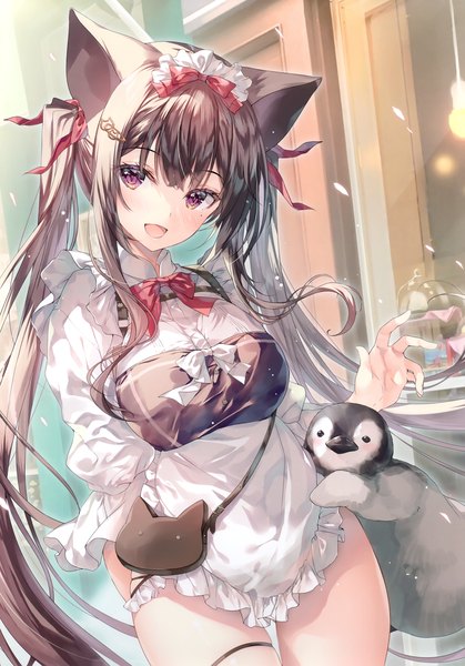 Anime picture 2096x3002 with original miwabe sakura single long hair tall image looking at viewer blush fringe highres open mouth light erotic smile brown hair standing purple eyes twintails animal ears payot outdoors blunt bangs