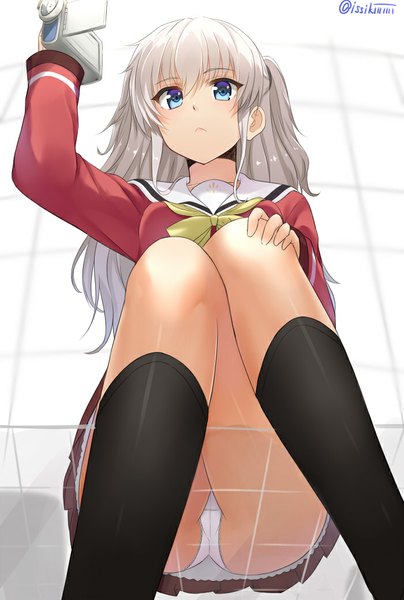 Anime picture 700x1040 with charlotte p.a. works tomori nao isshiki (ffmania7) single long hair tall image looking at viewer blue eyes light erotic sitting signed white hair pleated skirt two side up pantyshot crossed legs pantyshot sitting girl skirt