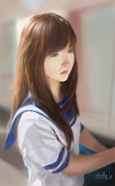 Anime picture 746x1200 with original chaosringen single long hair tall image fringe open mouth brown hair brown eyes signed looking away lips realistic girl uniform school uniform