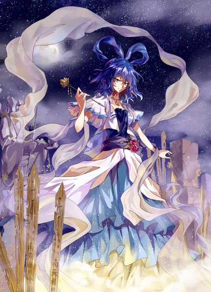 Anime picture 1299x1801 with touhou kaku seiga neko (yanshoujie) single tall image looking at viewer short hair smile yellow eyes blue hair night night sky girl dress full moon cemetery