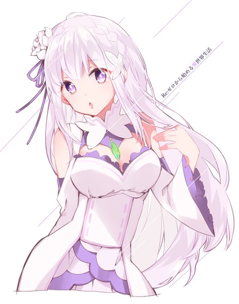 Anime picture 1100x1400 with re:zero kara hajimeru isekai seikatsu white fox emilia (re:zero) sunahara single long hair tall image looking at viewer blush fringe breasts open mouth simple background white background purple eyes bare shoulders cleavage silver hair ahoge head tilt