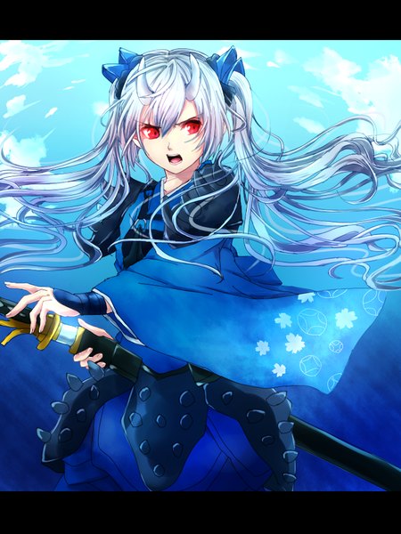 Anime picture 1200x1600 with tagme (character) shion sana single long hair tall image looking at viewer open mouth red eyes twintails sky cloud (clouds) traditional clothes japanese clothes horn (horns) oni horns weightlessness girl hair ornament weapon sword