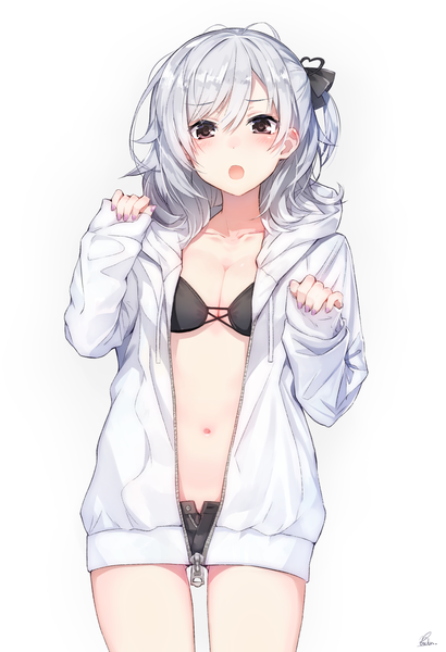 Anime picture 1161x1700 with original orda single tall image looking at viewer blush fringe breasts open mouth light erotic simple background hair between eyes standing white background brown eyes signed cleavage silver hair nail polish unzipped
