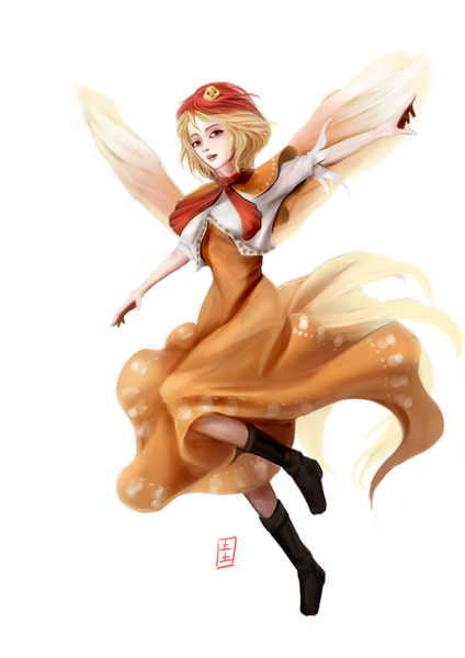 Anime picture 2480x3508 with touhou niwatari kutaka fetus squid single tall image looking at viewer highres short hair blonde hair red eyes signed full body red hair parted lips multicolored hair two-tone hair spread arms transparent background girl dress
