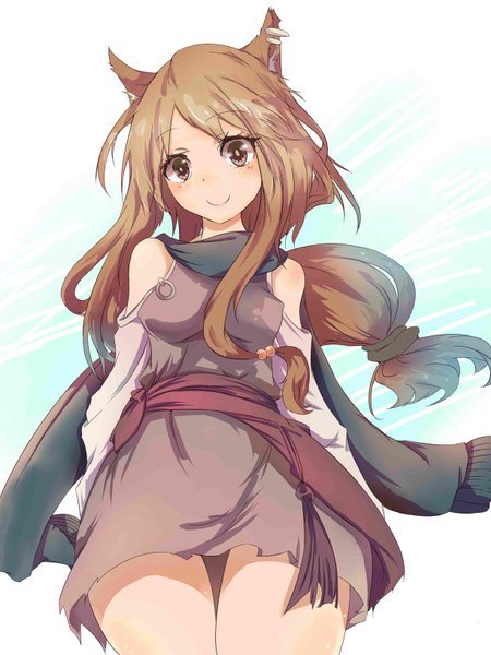 Anime picture 2448x3264 with original mitu yang single long hair tall image looking at viewer blush fringe highres breasts smile brown hair large breasts bare shoulders brown eyes animal ears soles hands behind back girl dress