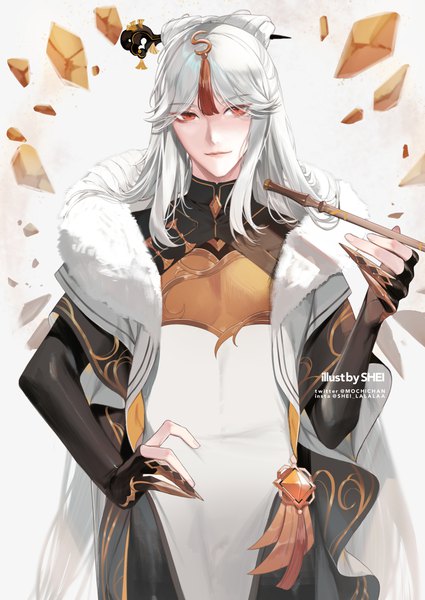 Anime picture 1769x2500 with genshin impact ningguang (genshin impact) shei99 single long hair tall image looking at viewer highres red eyes standing signed silver hair hand on hip genderswap boy gloves hair ornament fingerless gloves hairpin (hairpins) stone (stones)