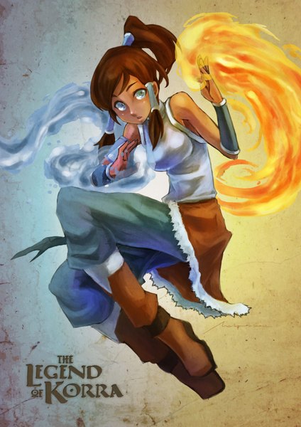 Anime picture 2480x3508 with avatar: the legend of korra korra monori rogue single tall image fringe highres short hair breasts brown hair looking away bent knee (knees) ponytail lips dark skin magic girl water hair tubes fire