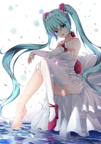 Anime picture 1400x1980 with vocaloid hatsune miku qingye ling single tall image looking at viewer fringe light erotic smile hair between eyes sitting twintails bare shoulders full body very long hair aqua eyes aqua hair tattoo hand on knee girl