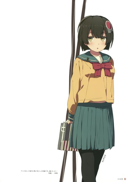 Anime picture 2457x3500 with kantai collection milky been! (ogipote) - kancolle "heroine" eshuu hiryuu aircraft carrier ogipote single tall image looking at viewer highres short hair simple background brown hair white background yellow eyes long sleeves scan :o character names girl skirt uniform