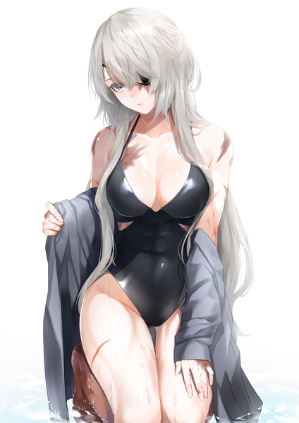 Anime picture 800x1133 with original lydia macarthur waka (shark waka) single long hair tall image looking at viewer fringe breasts blue eyes light erotic simple background large breasts white background bare shoulders cleavage silver hair head tilt hair over one eye off shoulder