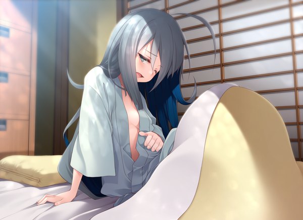 Anime picture 1284x932 with kantai collection kiyoshimo destroyer mofu namako single long hair blush fringe breasts open mouth light erotic sitting ahoge indoors one eye closed multicolored hair grey hair open clothes wide sleeves two-tone hair grey eyes