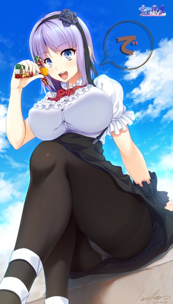 Anime picture 1000x1751 with dagashi kashi feel (studio) umaibou shidare hotaru hozumi kaoru single tall image looking at viewer blush short hair breasts open mouth blue eyes light erotic large breasts purple eyes sky cloud (clouds) nail polish pantyshot