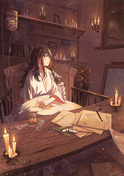 Anime picture 1085x1535 with original shi-ro single long hair tall image brown hair sitting signed yellow eyes looking away indoors multicolored hair night streaked hair dated drawing girl flower (flowers) plant (plants) window