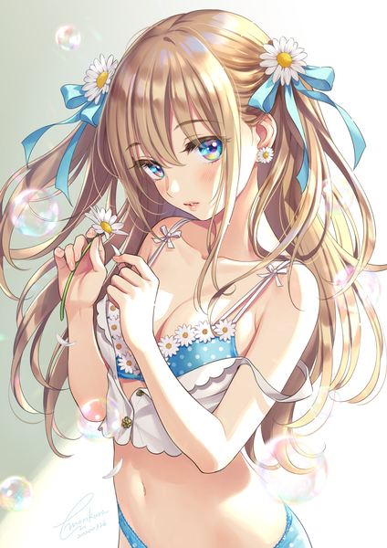 Anime picture 1157x1637 with original morikura en single long hair tall image looking at viewer blush fringe blue eyes light erotic blonde hair hair between eyes standing holding signed payot parted lips hair flower two side up dated