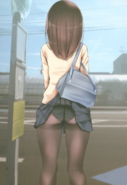 Anime picture 2060x2993 with original oouso (usotsukiya) single long hair tall image highres light erotic brown hair standing sky cloud (clouds) ass outdoors pleated skirt from behind sunlight scan depth of field skirt lift cityscape
