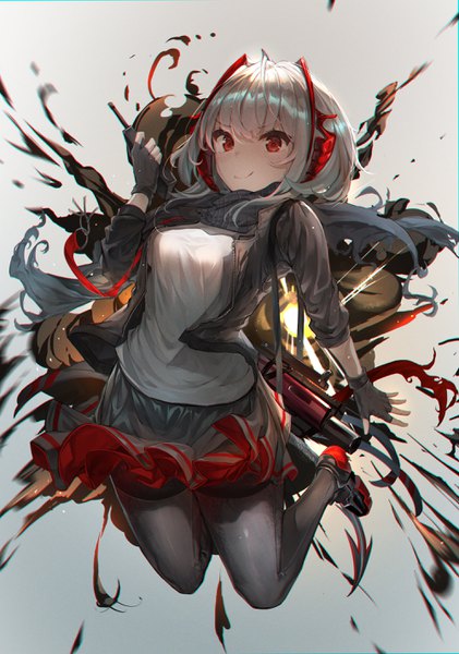 Anime picture 2000x2848 with arknights w (arknights) mecha (alswp) single tall image looking at viewer blush fringe highres short hair smile hair between eyes red eyes holding silver hair full body ahoge bent knee (knees) arm up horn (horns)