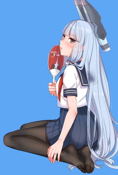 Anime picture 686x1012 with kantai collection murakumo destroyer kyuuso inukami single long hair tall image blush simple background brown eyes blue hair blue background tress ribbon girl skirt uniform hair ornament ribbon (ribbons) hair ribbon pantyhose serafuku