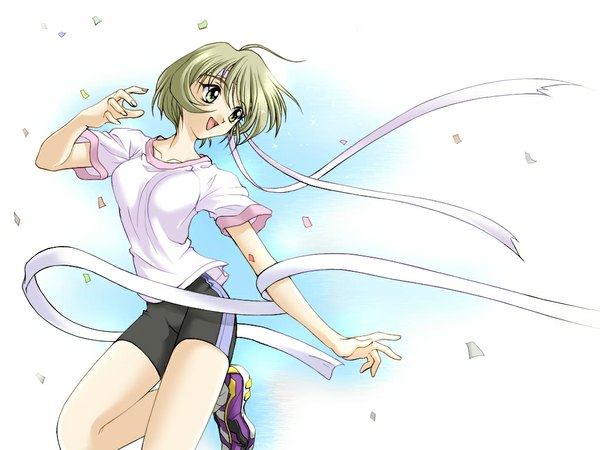 Anime picture 1024x768 with single short hair green eyes looking back green hair running girl ribbon (ribbons) headband bike shorts