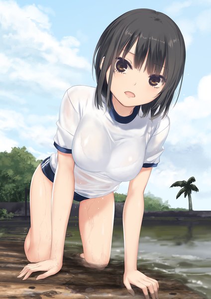 Anime-Bild 1273x1800 mit original aoyama sumika coffee-kizoku single tall image looking at viewer fringe short hair breasts open mouth light erotic black hair sky cloud (clouds) full body outdoors blunt bangs black eyes short sleeves on all fours