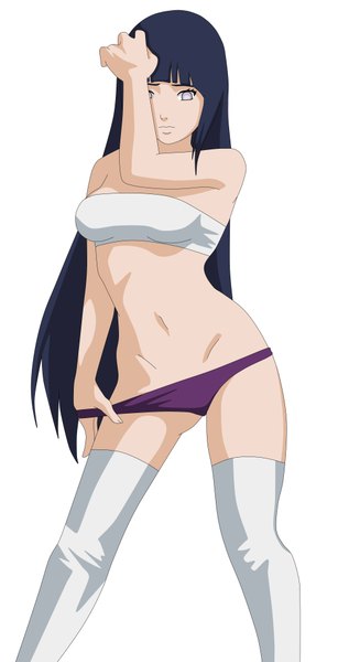 Anime picture 2000x3900 with naruto studio pierrot naruto (series) hyuuga hinata single long hair tall image highres light erotic black hair simple background white background purple eyes bare shoulders girl thighhighs navel underwear panties white thighhighs