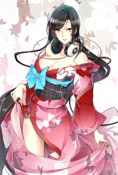 Anime picture 675x1000 with intelli village no zashiki-warashi zashiki-warashi (intelli village) nanao (mahaya) single tall image looking at viewer breasts light erotic black hair red eyes cleavage very long hair traditional clothes japanese clothes :p headphones around neck girl bow kimono tongue