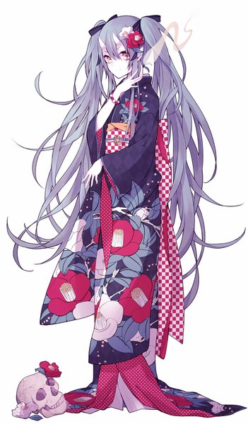 Anime picture 1000x1705 with vocaloid hatsune miku moco 315 tall image looking at viewer blush simple background smile white background twintails blue hair very long hair traditional clothes japanese clothes hair flower horn (horns) orange eyes checkered hair ornament flower (flowers)