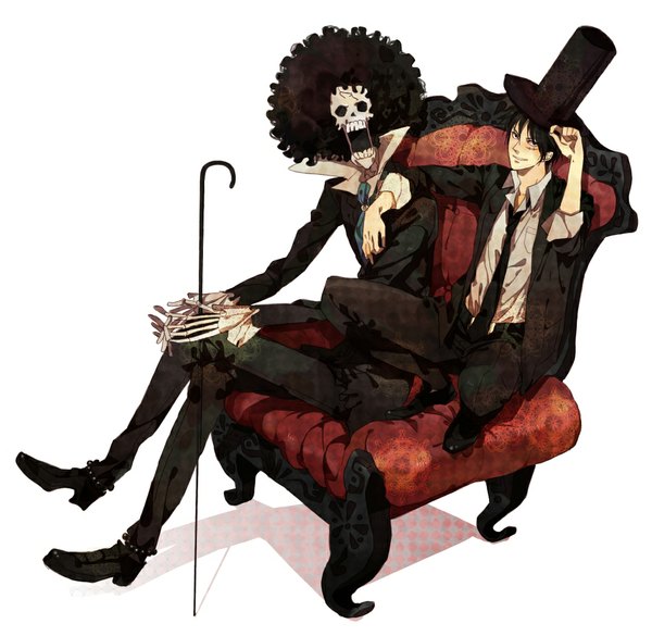 Anime picture 1024x1000 with one piece toei animation monkey d. luffy brook (one piece) mcr (artist) short hair black hair smile white background sitting grey eyes scar skeleton afro boy hat necktie suit top hat
