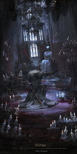 Anime picture 900x1800 with bloodborne from software hunter (bloodborne) annalise queen of the vilebloods stu dts long hair tall image sitting full body grey hair copyright name kneeling text outstretched arm english sheathed gothic girl dress boy