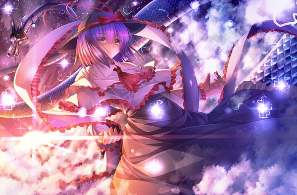 Anime picture 898x590 with touhou nagae iku ryosios single fringe short hair red eyes looking away sky purple hair cloud (clouds) sunlight dutch angle magic spread arms fantasy sunbeam girl ribbon (ribbons) hat