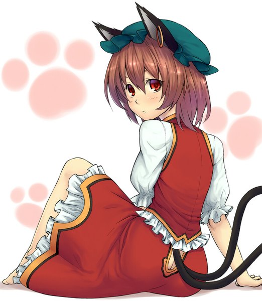 Anime picture 870x1000 with touhou chen hiroya juuren (artist) single tall image looking at viewer short hair simple background red eyes brown hair sitting animal ears tail animal tail looking back barefoot cat ears cat tail multiple tails girl