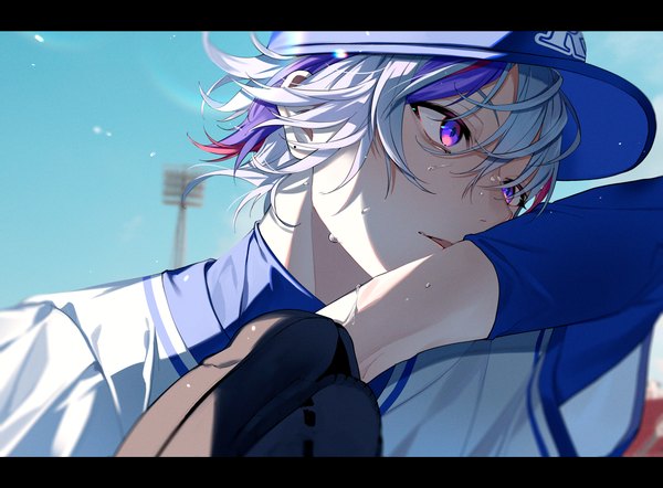 Anime picture 3800x2800 with virtual youtuber nijisanji fuwa minato michikake16 single highres short hair purple eyes looking away absurdres silver hair upper body outdoors multicolored hair sweat streaked hair letterboxed boy uniform baseball cap