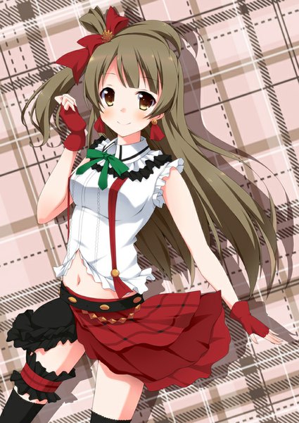 Anime picture 600x847 with love live! school idol project sunrise (studio) love live! minami kotori kurono yuzuko single long hair tall image looking at viewer blush fringe smile brown hair brown eyes bare belly hair bun (hair buns) one side up plaid plaid background girl