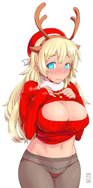 Anime picture 1000x2007 with kantai collection atago heavy cruiser nekoguchi single long hair tall image blush breasts blue eyes light erotic simple background blonde hair white background cleavage horn (horns) bare belly midriff huge breasts christmas girl