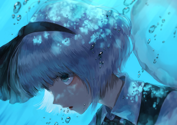 Anime picture 3508x2480 with touhou myon rin (rin7kan7) single blush fringe highres short hair blue eyes looking away absurdres upper body white hair profile underwater girl headband bubble (bubbles)