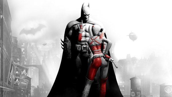 Anime picture 1600x900 with batman dc comics harley queen batman (character) wide image twintails back city monochrome short twintails cityscape muscle face to face superhero girl boy weapon belt gun thigh boots
