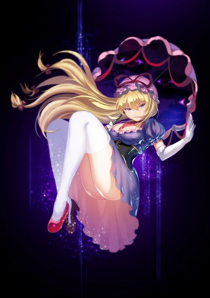 Anime picture 1240x1754 with touhou yakumo yukari jimmy (zjimmy) single long hair tall image looking at viewer light erotic blonde hair purple eyes dark background girl thighhighs dress gloves bow hair bow white thighhighs elbow gloves white gloves